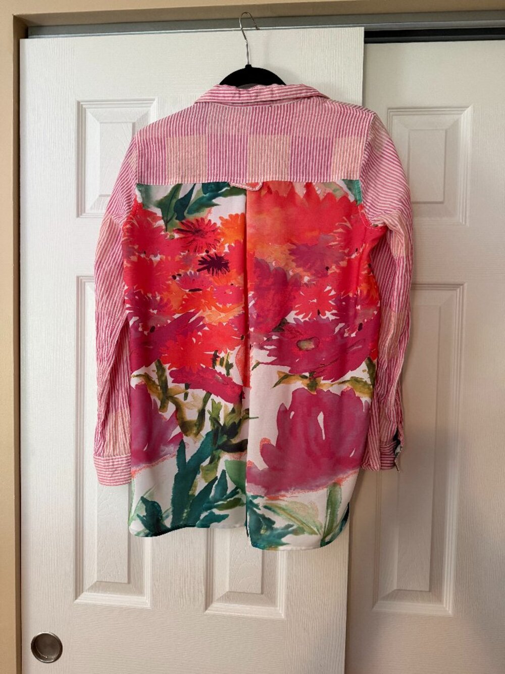 Sharon Young Cotton Linen Mixed Print Roll Tab Shirt Pink Orange